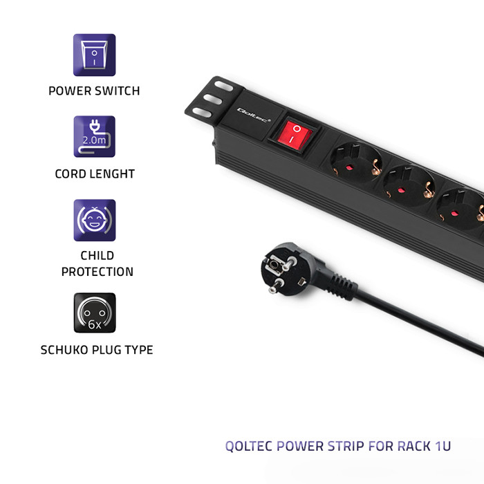 Qoltec 19-Zoll-PDU 54468 | 1U | 16A | 2m | PDU | 6xSCHUKO