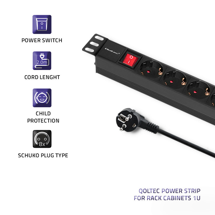 Qoltec 19-Zoll-PDU 54469 | 1U | 16A | 2m | PDU | 8xSCHUKO