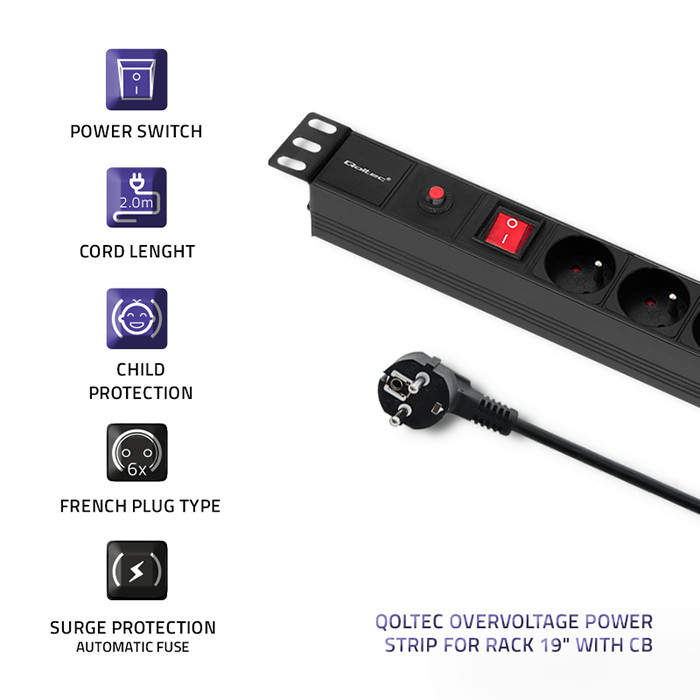 Qoltec 19-Zoll-PDU 53995 | 1U | 16A | 2m | PDU | 6xFRENCH