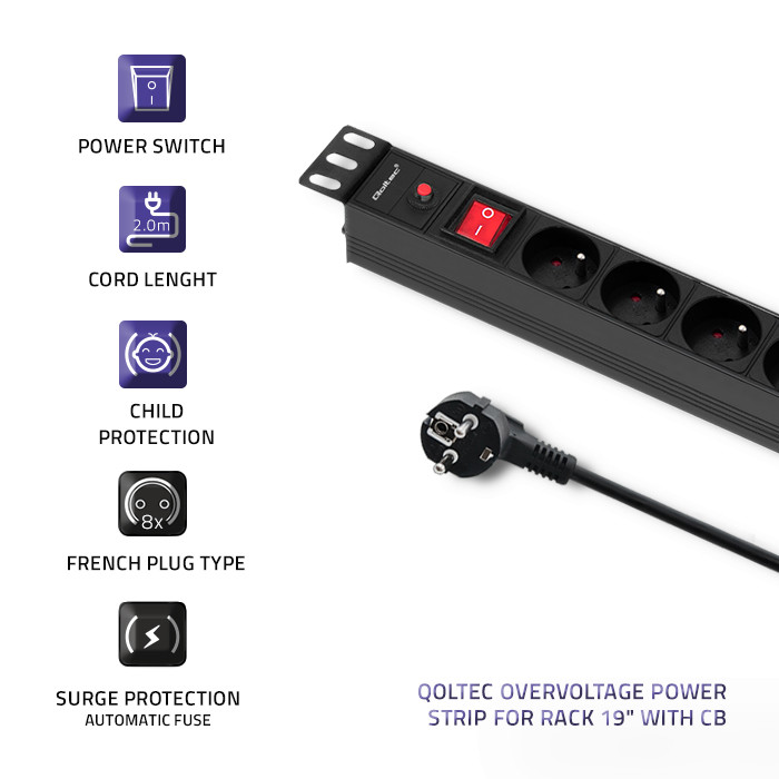 Qoltec 19-Zoll-PDU 53996 | 1U | 16A | 2m | PDU | 8xFRENCH