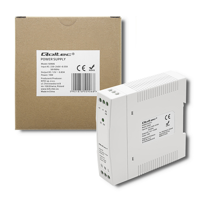 Qoltec DIN-Schienen-Netzteil 50906 | 10W | 12V | 0.83A | Weiß