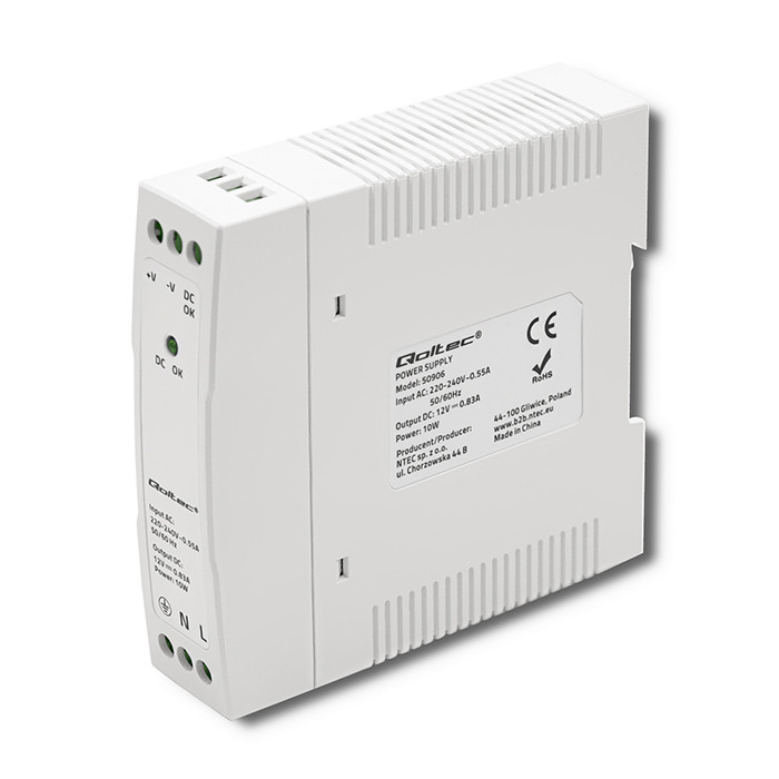 Qoltec DIN-Schienen-Netzteil 50906 | 10W | 12V | 0.83A | Weiß