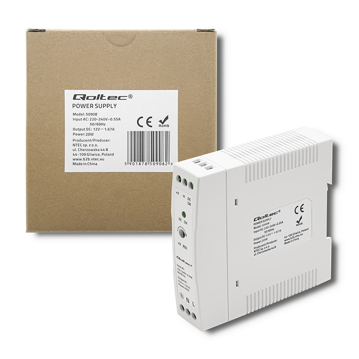 Qoltec DIN-Schienen-Netzteil 50908 | 20W | 12V | 1.67A | Weiß