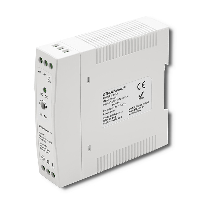 Qoltec DIN-Schienen-Netzteil 50908 | 20W | 12V | 1.67A | Weiß
