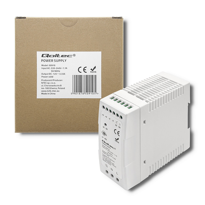 Qoltec DIN-Schienen-Netzteil 50910 | 40W | 12V | 3.33A | Weiß