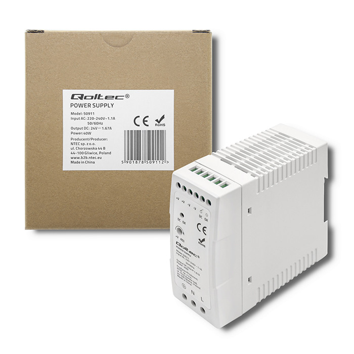 Qoltec DIN-Schienen-Netzteil 50911 | 40W | 24V | 1.67A | Weiß