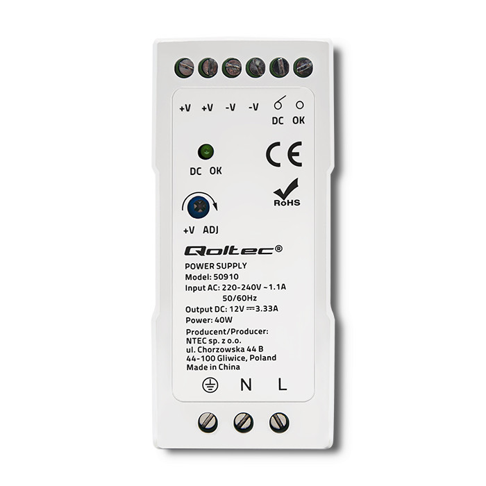 Qoltec DIN-Schienen-Netzteil 50910 | 40W | 12V | 3.33A | Weiß