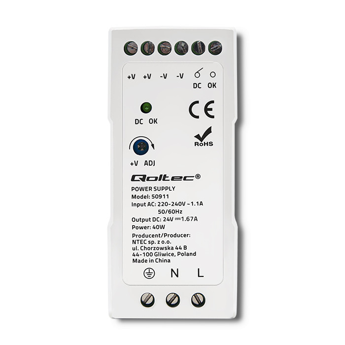 Qoltec DIN-Schienen-Netzteil 50911 | 40W | 24V | 1.67A | Weiß