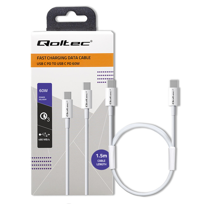 Qoltec USB-C-Kabel 52360 | 60W | 1.5m | Weiß