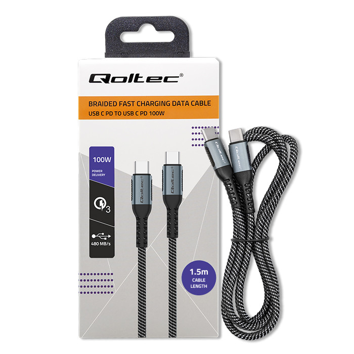 Qoltec USB-C-Kabel 52358 | 100W | 1.5m | Schwarz