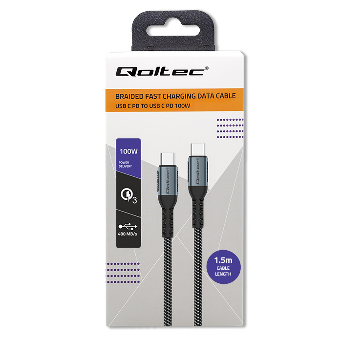 Qoltec USB-C-Kabel 52358 | 100W | 1.5m | Schwarz