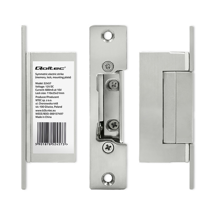 Qoltec Electric strike With lock and memory + mounting plate | 12V | Stainless steel
