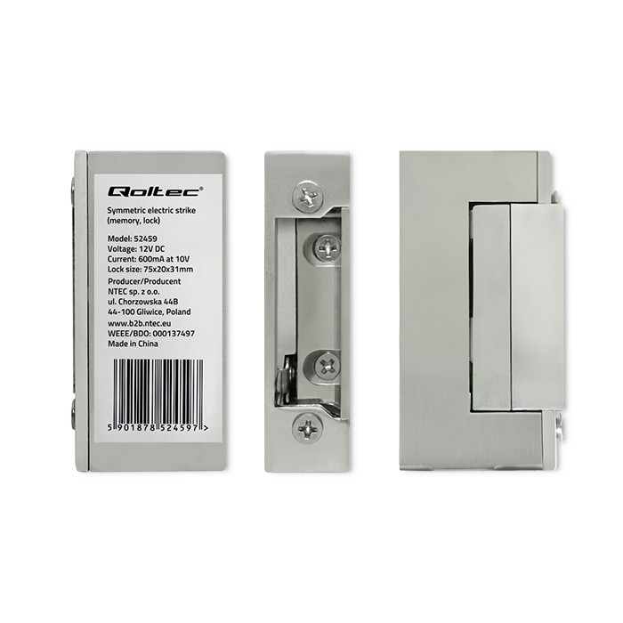 Qoltec Electric strike With lock and memory | 12V | Stainless steel
