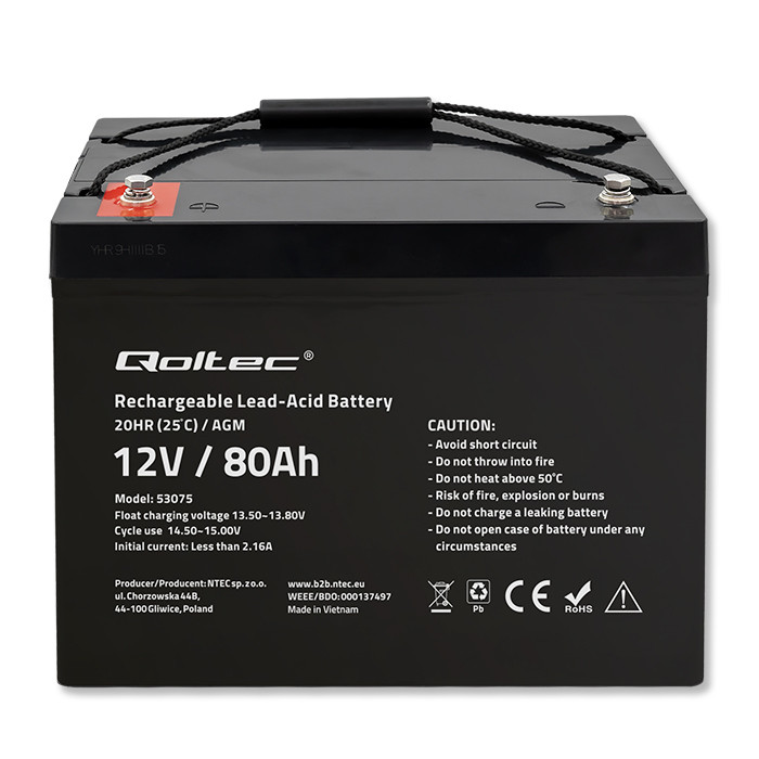 Qoltec AGM-Batterie 53075 | 12V | 80Ah | 23.5kg