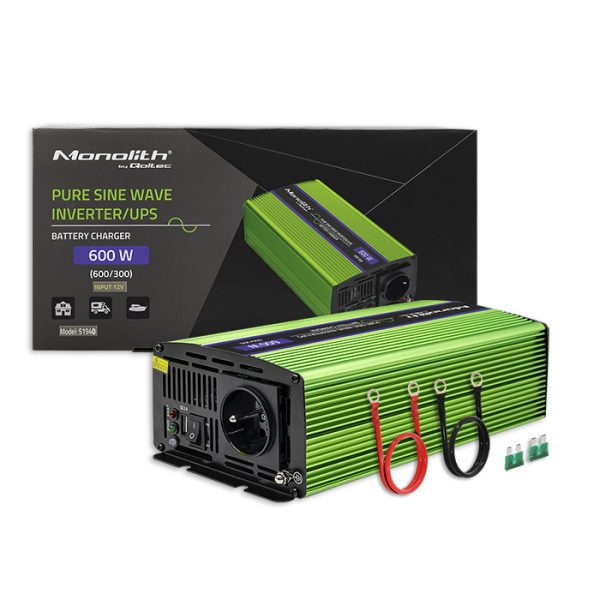 Qoltec Wechselrichter mit Ladefunktion Monolith 51940 | 300W | 600W | 12V | 230V