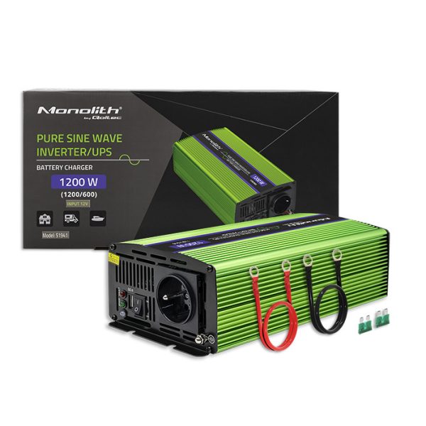 Qoltec Wechselrichter mit Ladefunktion Monolith 51941 | 600W | 1200W | 12V | 230V