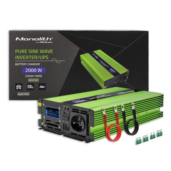 Qoltec Wechselrichter mit Ladefunktion Monolith 51942 | 1000W | 2000W | 12V | 230V | LCD