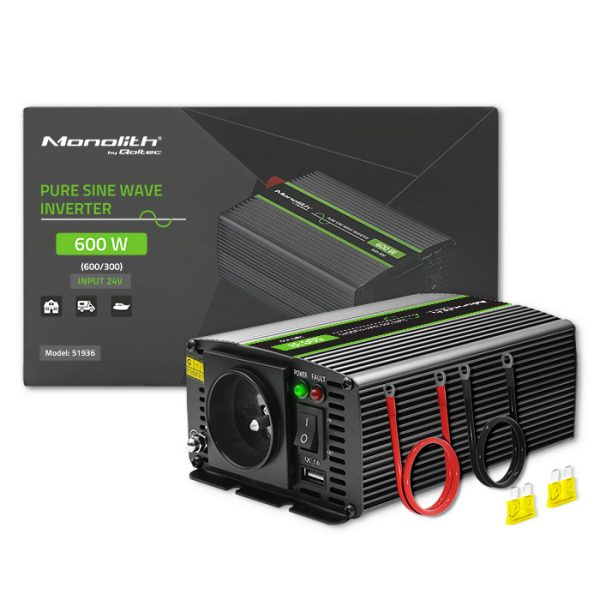 Qoltec Reiner-Sinus-Wechselrichter Monolith 51936 | 300W | 600W | 24V | 230V