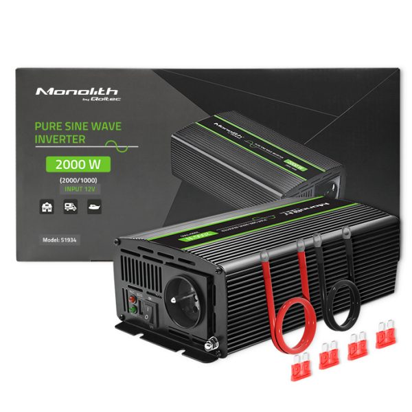 Qoltec Reiner-Sinus-Wechselrichter Monolith 51934 | 1000W | 2000W | 12V | 230V