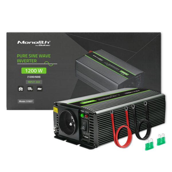 Qoltec Reiner-Sinus-Wechselrichter Monolith 51937 | 600W | 1200W | 24V | 230V