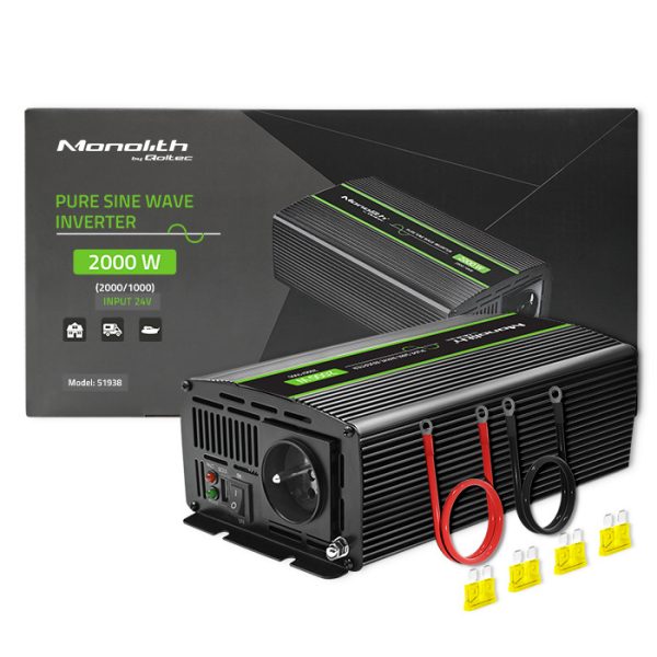 Qoltec Reiner-Sinus-Wechselrichter Monolith 51938 | 1000W | 2000W | 24V | 230V