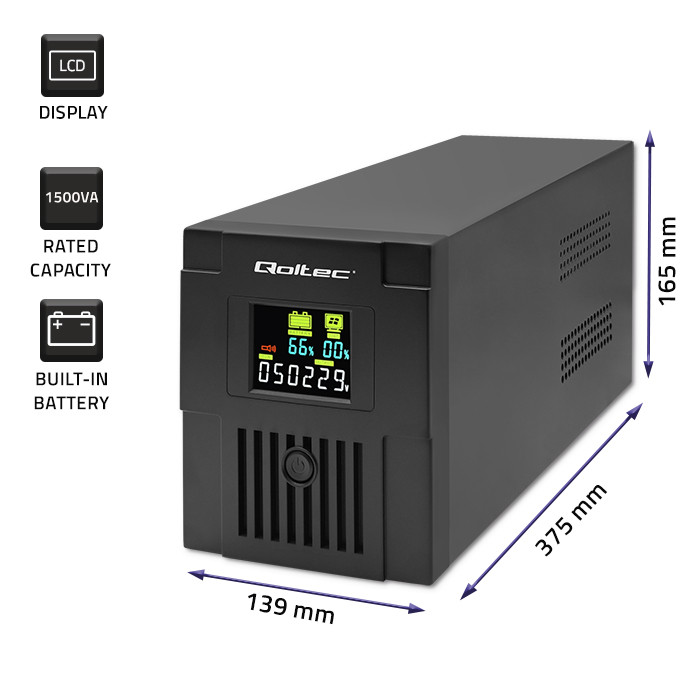 Qoltec Line-Interactive-USV Monolith 53770 | 1500VA | 900W | LCD | USB | RJ45