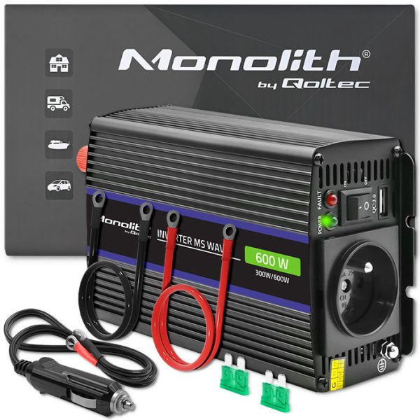 Qoltec Modifizierter-Sinus-Wechselrichter Monolith 51924 | 12V | 230V | 600W | 300/600W | USB