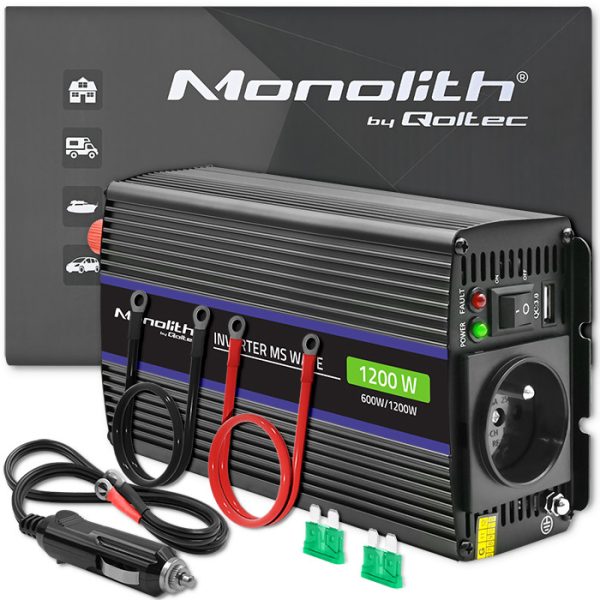 Qoltec Modifizierter-Sinus-Wechselrichter Monolith 51925 | 12V | 230V | 1200W | 600/1200W | USB