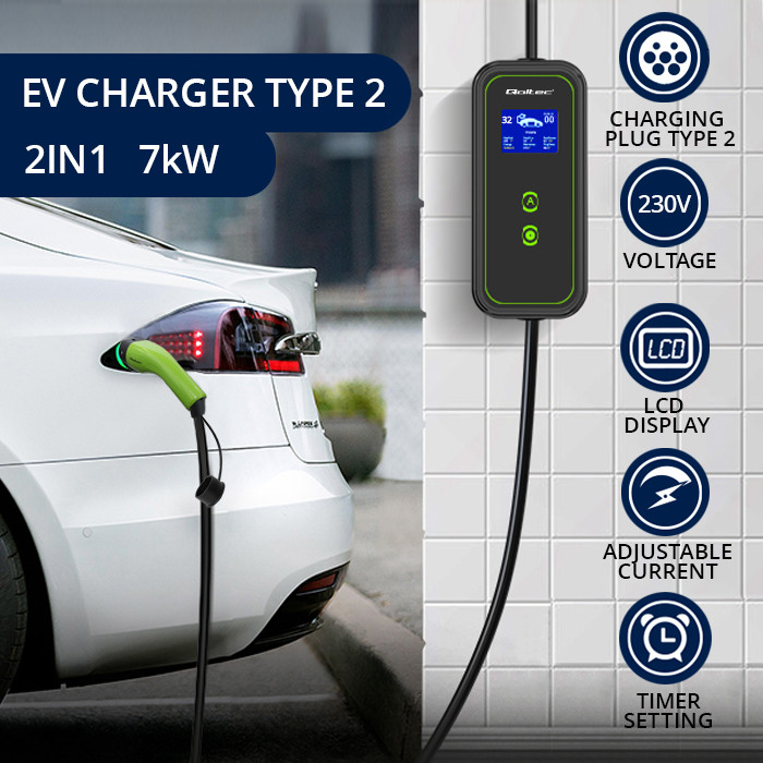Qoltec Typ-2-EV-Ladegerät 52471 | 7kW | 230V | 32A | 5m | LCD