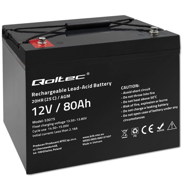 Qoltec AGM-Batterie 53075 | 12V | 80Ah | 23.5kg