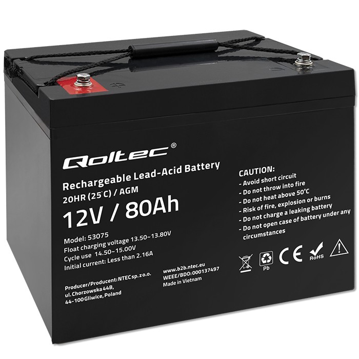 Qoltec AGM-Batterie 53075 | 12V | 80Ah | 23.5kg