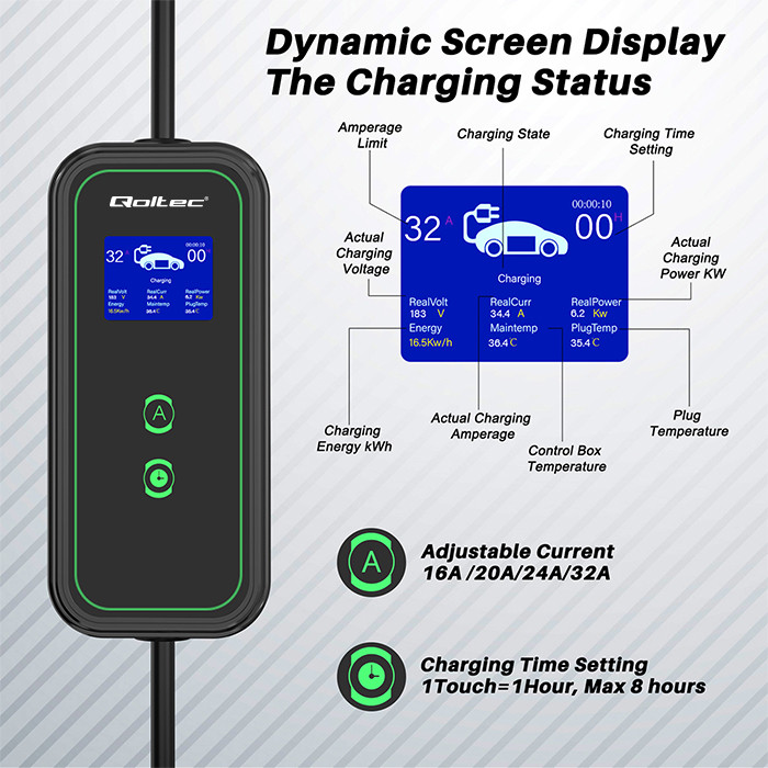 Qoltec Mobile EV charger with adjustable 2in1 Type2 | 7kW | 230V | CEE 32A | Wi-fi | LCD | Portable | Wallbox | 5m