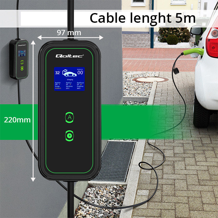 Qoltec Mobile EV charger with adjustable 2in1 Type2 | 7kW | 230V | CEE 32A | Wi-fi | LCD | Portable | Wallbox | 5m