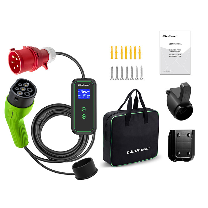 Qoltec Mobile EV charger with adjustable 2in1 Type2 | 7kW | 230V | CEE 32A | Wi-fi | LCD | Portable | Wallbox | 5m