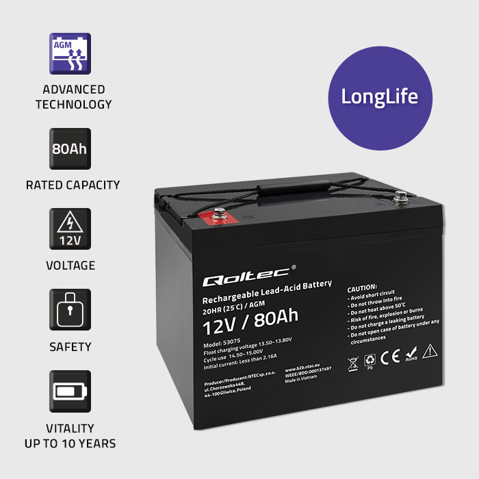 Qoltec AGM-Batterie 53075 | 12V | 80Ah | 23.5kg