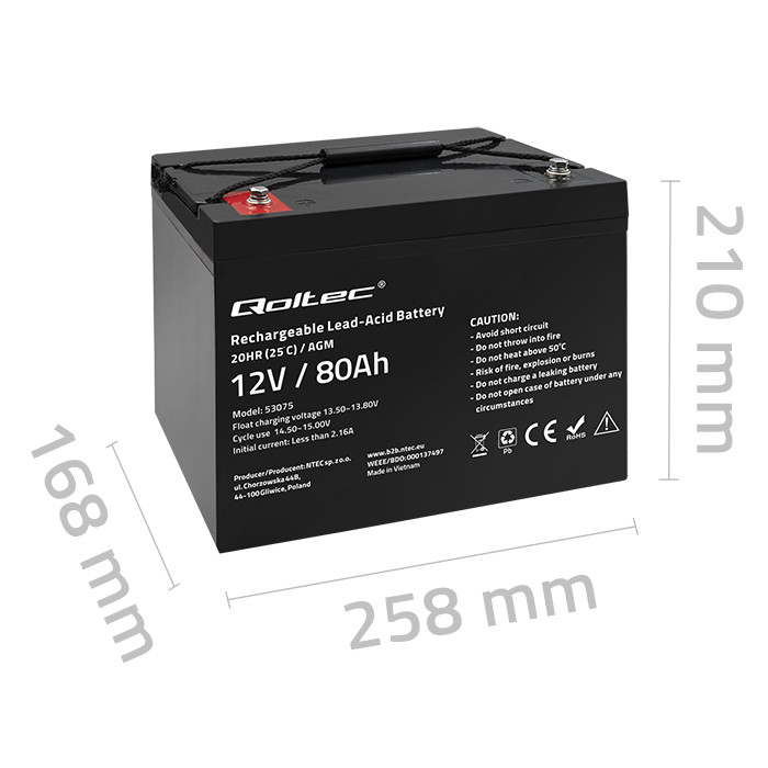 Qoltec AGM-Batterie 53075 | 12V | 80Ah | 23.5kg