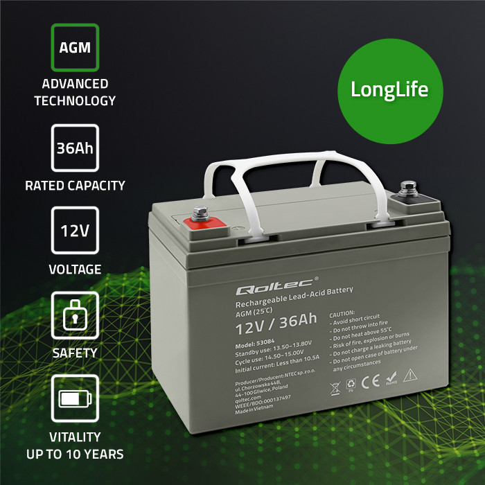 Qoltec AGM-Batterie 53084 | 12V | 36Ah