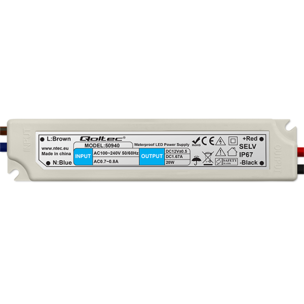 Qoltec Wasserdichtes LED-Netzteil 50940 | 20W | 12V | 1.6A | Weiß