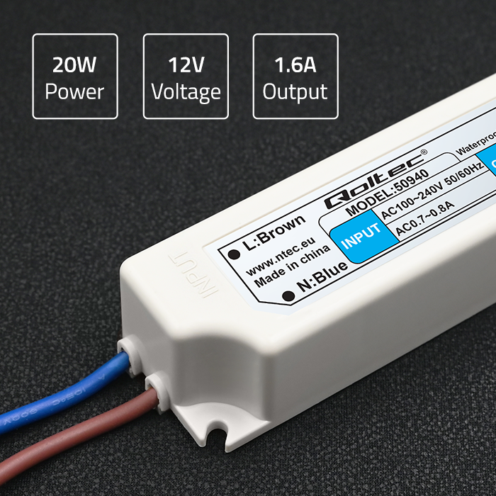 Qoltec Wasserdichtes LED-Netzteil 50940 | 20W | 12V | 1.6A | Weiß