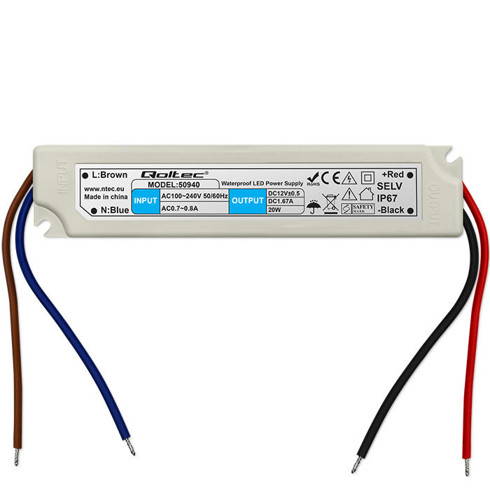 Qoltec Wasserdichtes LED-Netzteil 50940 | 20W | 12V | 1.6A | Weiß