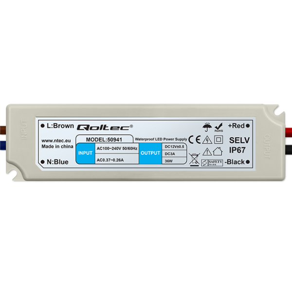 Qoltec Wasserdichtes LED-Netzteil 50941 | 36W | 12V | 3A | Weiß