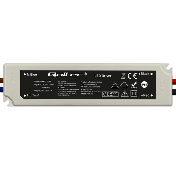 Qoltec Wasserdichtes LED-Netzteil 50942 | 60W | 12V | 5A | Weiß