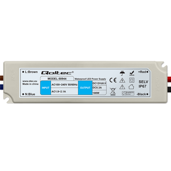 Qoltec Wasserdichtes LED-Netzteil 50944 | 100W | 12V | 8.3A | Weiß