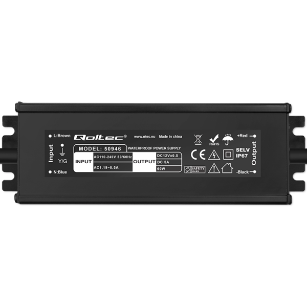 Qoltec Wasserdichtes LED-Netzteil 50946 | 60W | 12V | 5A | Schwarz
