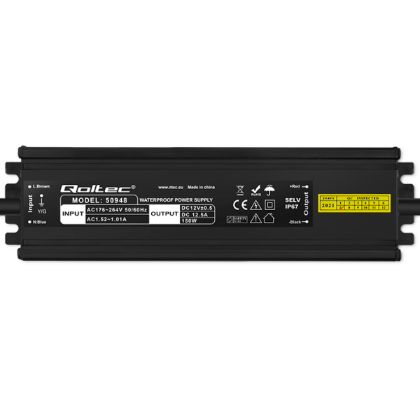 Qoltec Wasserdichtes LED-Netzteil 50948 | 150W | 12V | 12.5A | Schwarz