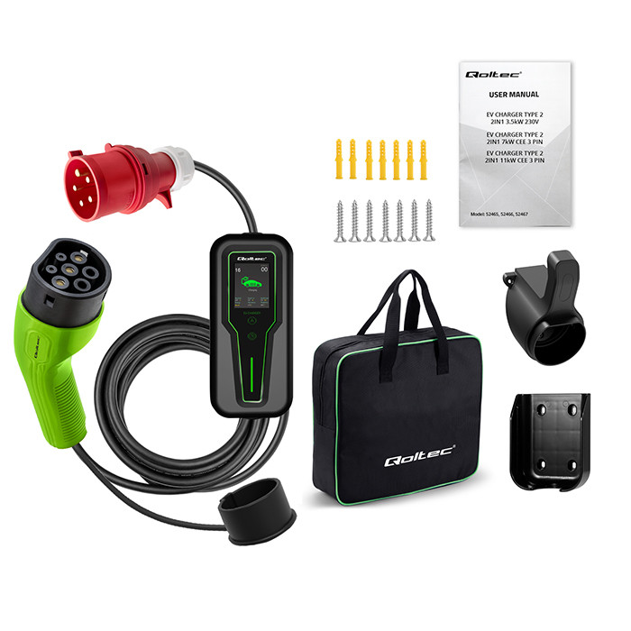 Qoltec Mobile EV charger with adjustable 2in1 Type2 | 11kW | 400V | CEE 32A | LCD | 3 phase | Portable | Wallbox | 5m