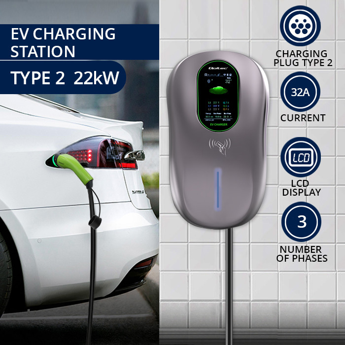 Qoltec EV Charging Station Type2 | 22kW | Wi-fi| LCD | RFID | 3 phases | Wallbox | 5m
