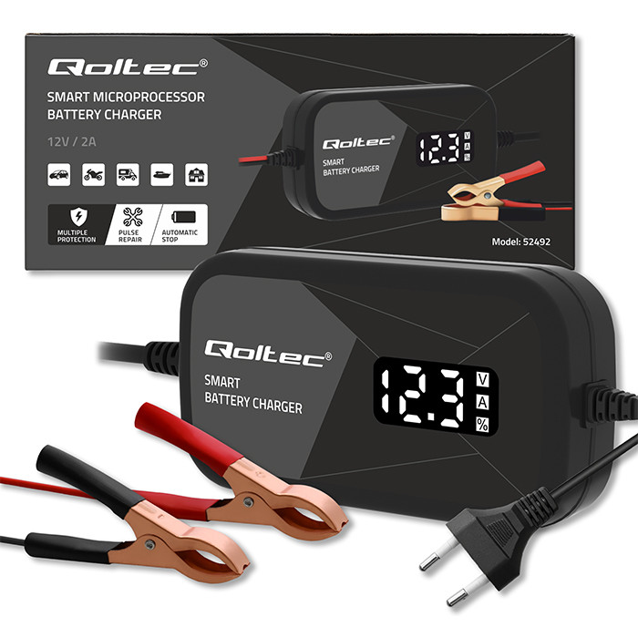 Qoltec Batterieladegerät mit Reparaturfunktion 52492 | 12V | 2A | LCD