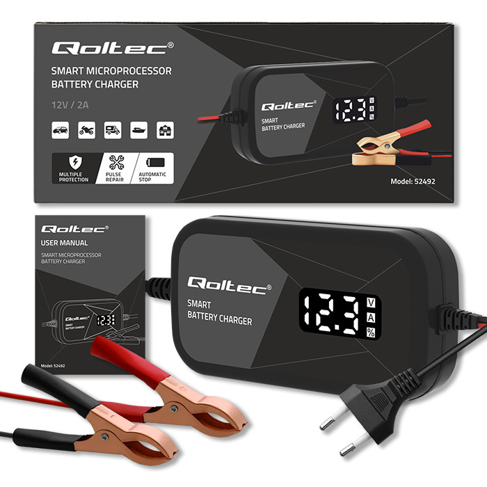 Qoltec Batterieladegerät mit Reparaturfunktion 52492 | 12V | 2A | LCD