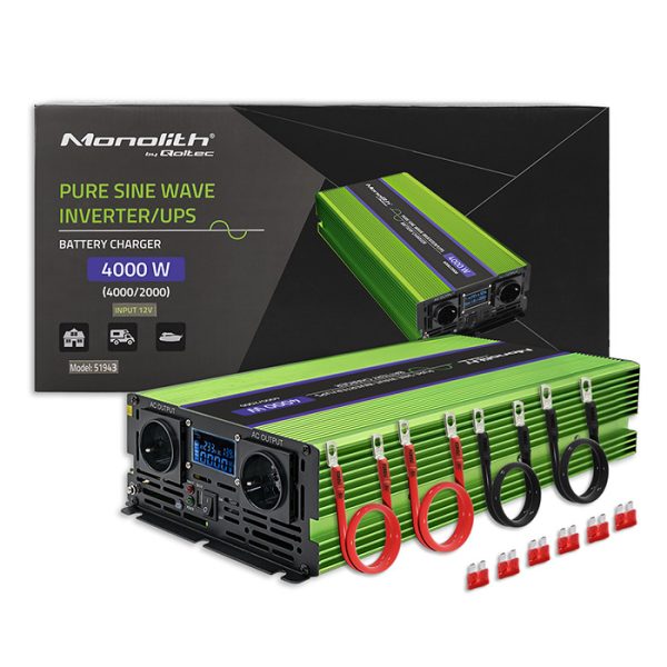 Qoltec Wechselrichter mit Ladefunktion Monolith 51943 | 2000W | 4000W | 12V | 230V | LCD